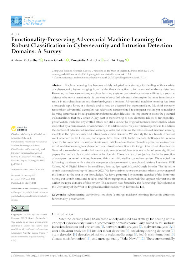 Functionality-preserving adversarial machine learning for robust classification in cybersecurity and intrusion detection domains: A survey Thumbnail