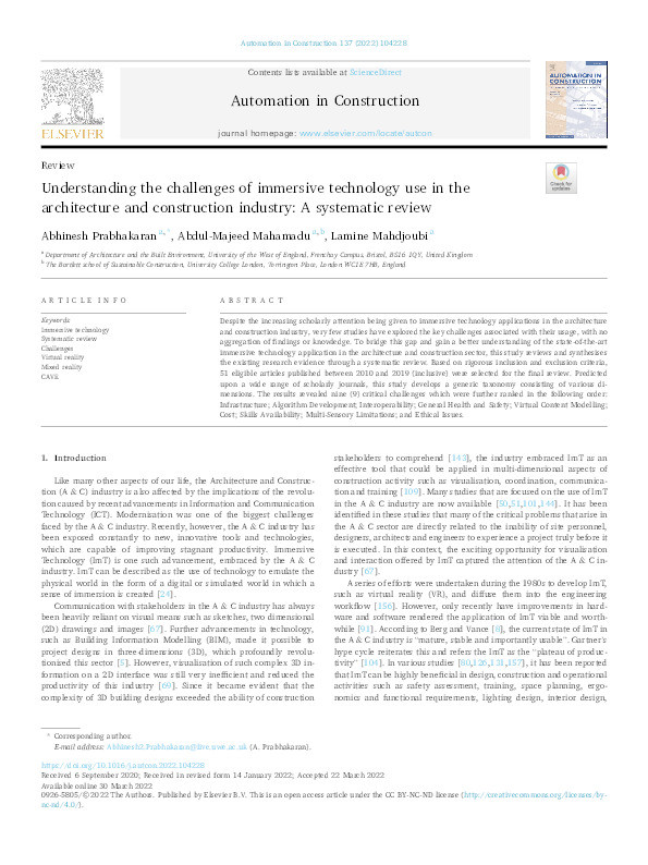 Understanding the challenges of immersive technology use in the architecture and construction industry: A systematic review Thumbnail