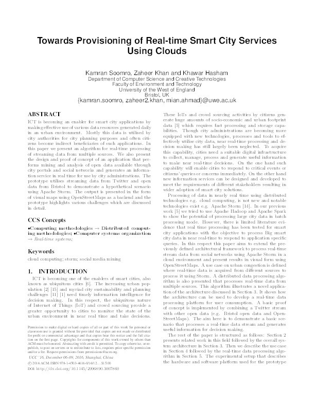 Towards provisioning of real-time smart city services using clouds Thumbnail