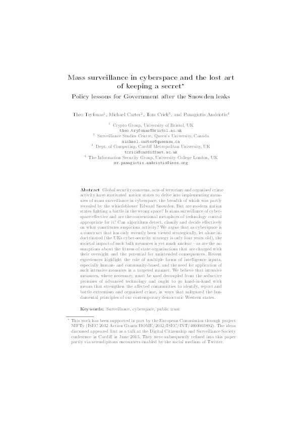 Mass surveillance in cyberspace and the lost art of keeping a secret: Policy lessons for government after the snowden leaks Thumbnail