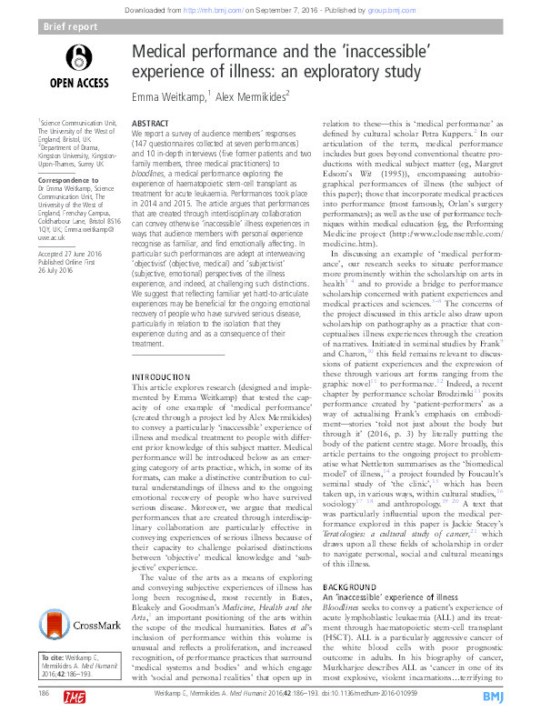 Medical performance and the ‘inaccessible’ experience of illness: An exploratory study Thumbnail