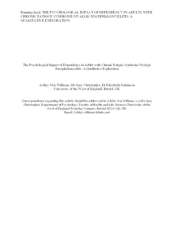 The psychological impact of dependency in adults with
chronic fatigue syndrome/myalgic encephalomyelitis: A qualitative exploration Thumbnail