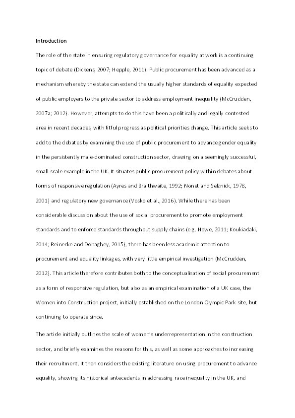 Advancing gender equality in the construction sector through public procurement: Making effective use of responsive regulation Thumbnail