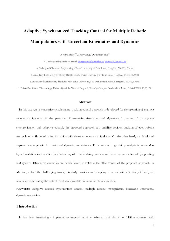 Adaptive synchronised tracking control for multiple robotic manipulators with uncertain kinematics and dynamics Thumbnail