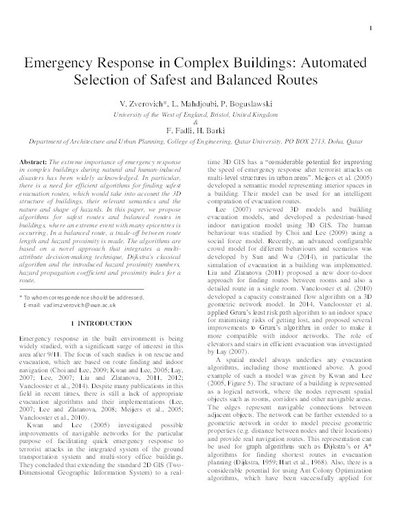 Emergency response in complex buildings: Automated selection of safest and balanced routes Thumbnail