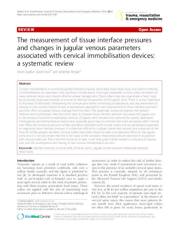 The measurement of tissue interface pressures and changes in jugular venous parameters associated with cervical immobilisation devices: A systematic review Thumbnail