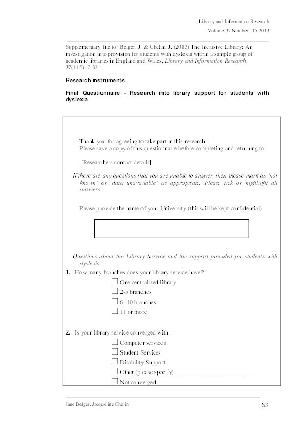 The inclusive library: An investigation into provision for students with dyslexia within a sample group of academic libraries in England and Wales Thumbnail