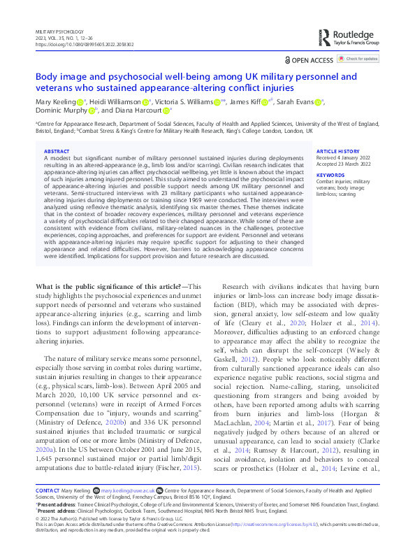 Body image and psychosocial well-being among UK military personnel and veterans who sustained appearance-altering conflict injuries Thumbnail