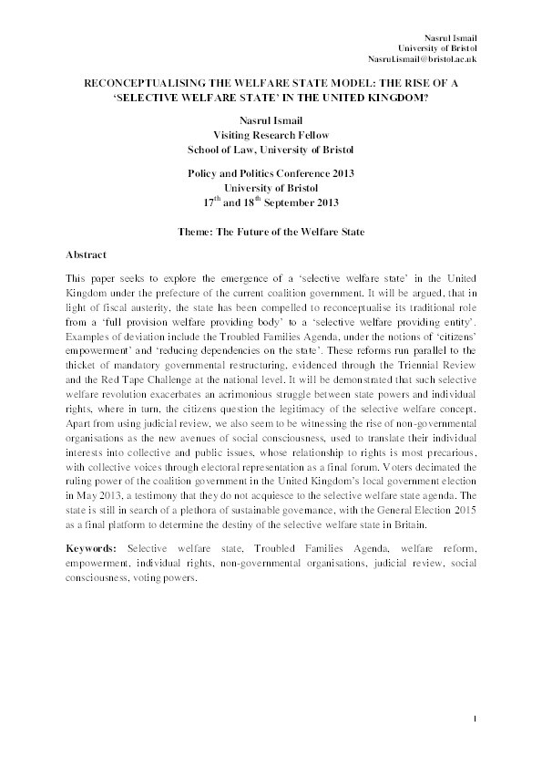 Reconceptualising the welfare state model: The rise of a ‘selective welfare state’ in the United Kingdom? Thumbnail