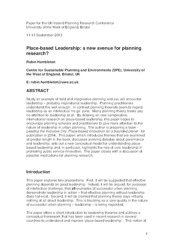 Place-based leadership: a new avenue for planning research? Thumbnail