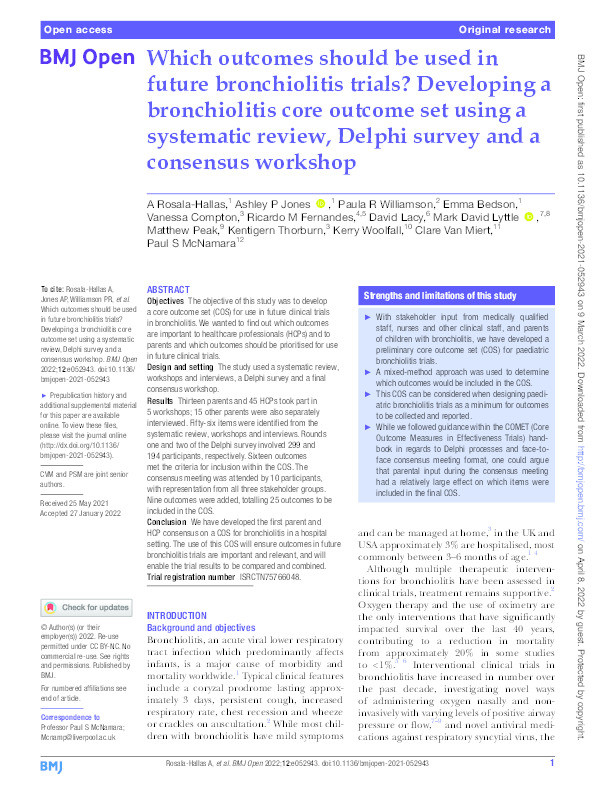 Which outcomes should be used in future bronchiolitis trials? Developing a bronchiolitis core outcome set using a systematic review, Delphi survey and a consensus workshop Thumbnail