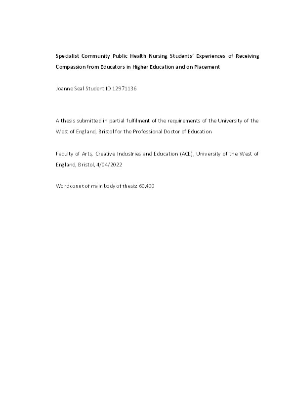 Specialist community public health nursing students’ experiences of receiving compassion from educators in higher education and on placement Thumbnail