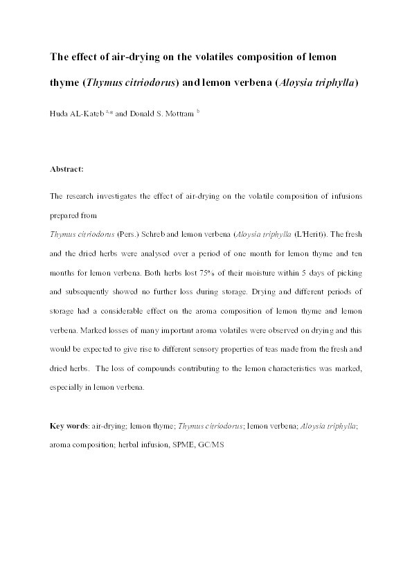 The effect of air-drying on the volatiles composition of lemon thyme (Thymus citriodorus) and lemon verbena (Aloysia triphylla) Thumbnail