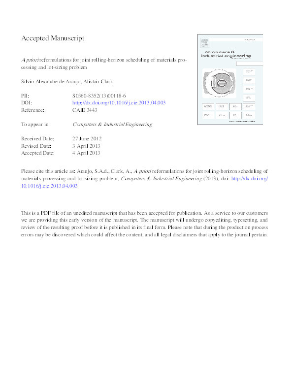 A priori reformulations for joint rolling-horizon scheduling of materials processing and lot-sizing problem Thumbnail