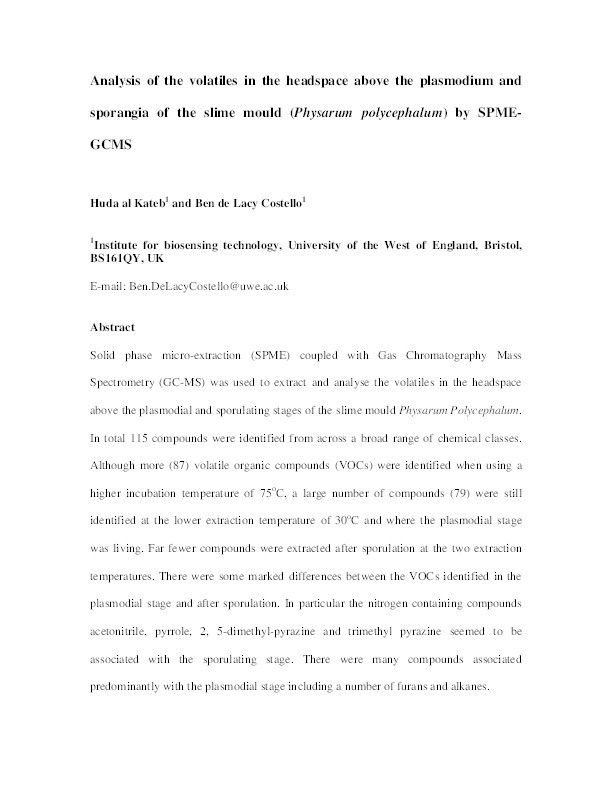 Analysis of the volatiles in the headspace above the plasmodium and sporangia of the slime mould (Physarum polycephalum) by SPME-GCMS Thumbnail