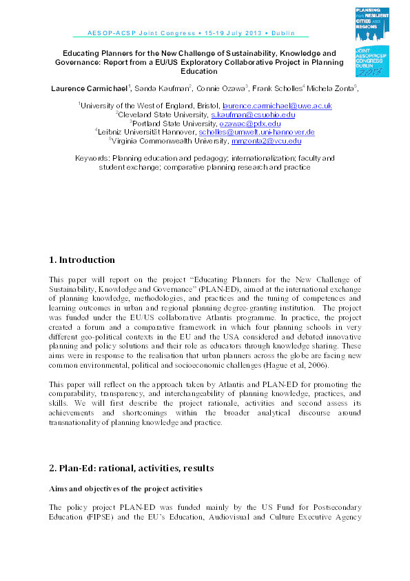 Educating planners for the new challenges of sustainability, knowledge and governance: Report from a EU/US exploratory collaborative project in planning education Thumbnail