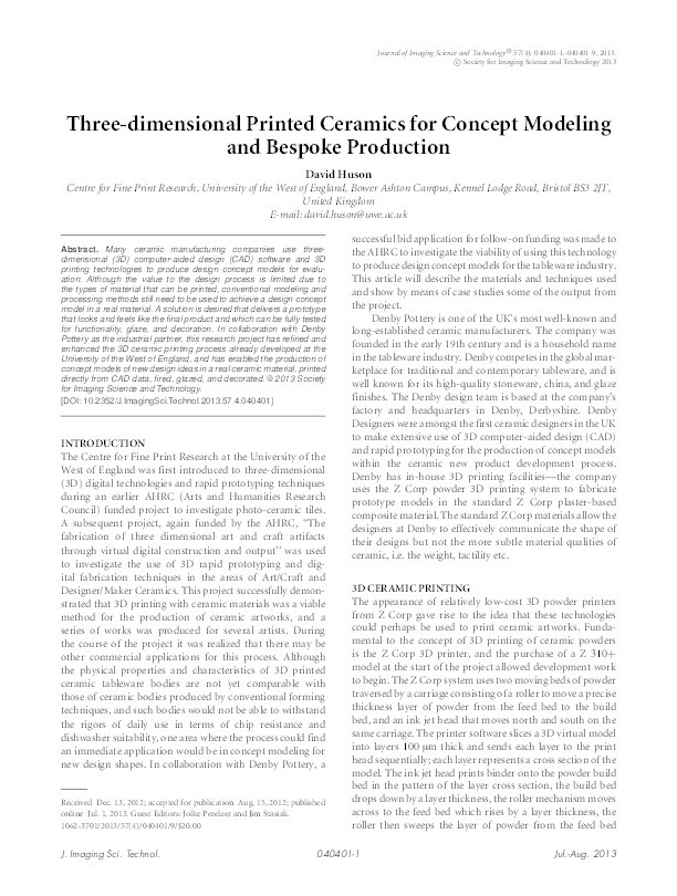 Three-dimensional printed ceramics for concept modelling and bespoke production Thumbnail