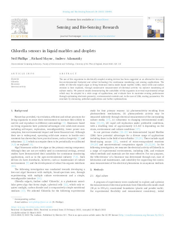 Chlorella sensors in liquid marbles and droplets Thumbnail