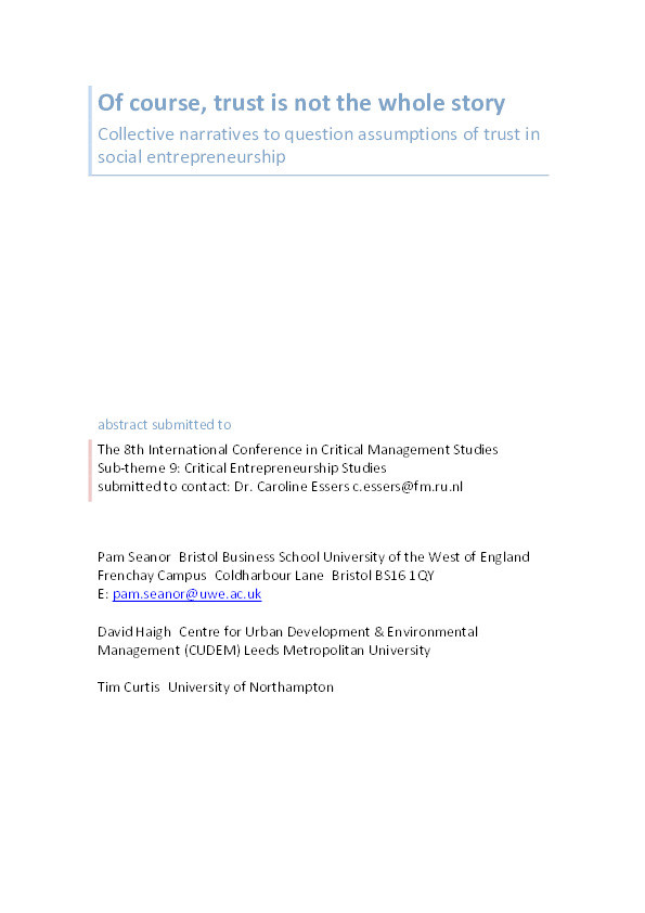 Of course trust is not the whole story: Collective narratives to question assumptions of trust in social entrepreneurship Thumbnail