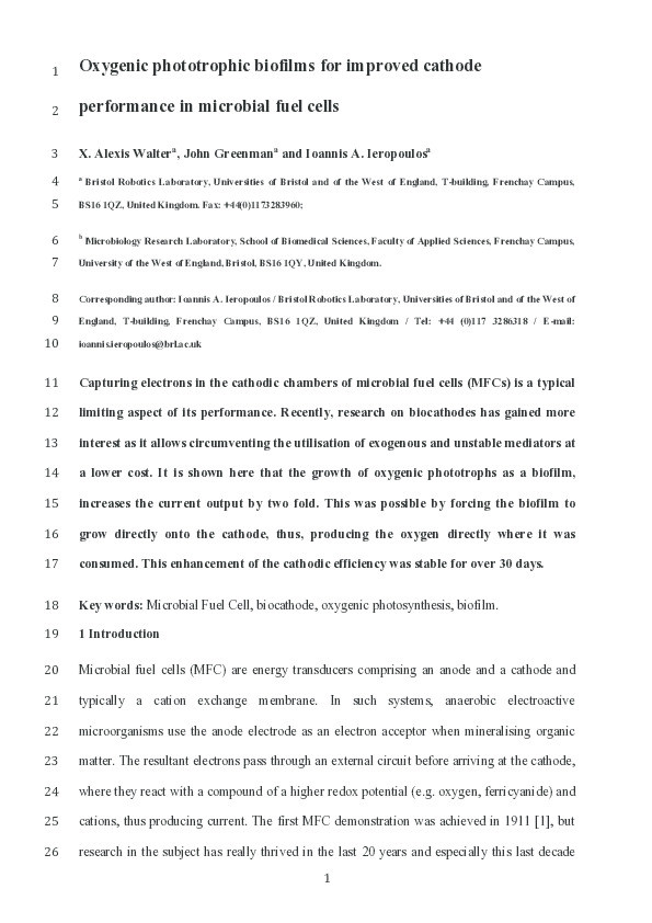 Oxygenic phototrophic biofilms for improved cathode performance in microbial fuel cells Thumbnail