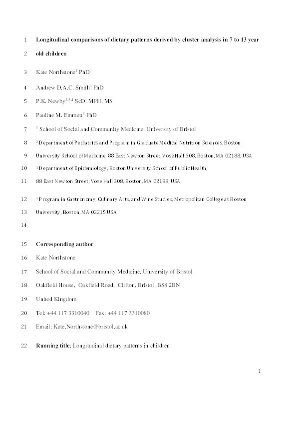 Longitudinal comparisons of dietary patterns derived by cluster analysis in 7- to 13-year-old children Thumbnail