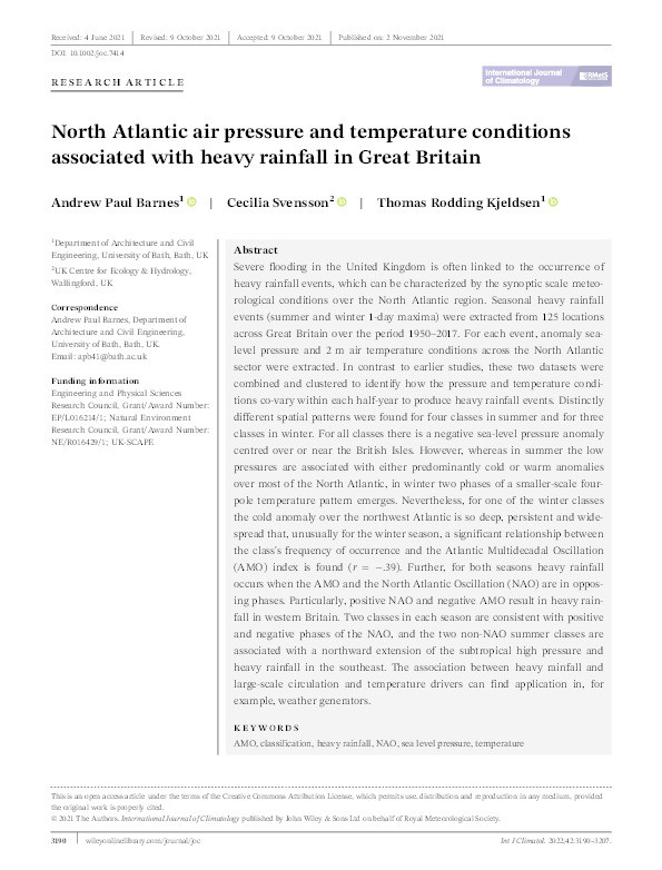 North Atlantic air pressure and temperature conditions associated with heavy rainfall in Great Britain Thumbnail