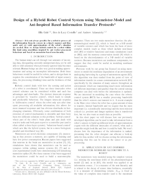 Design of a hybrid robot control system using memristor-model and ant-inspired based information transfer protocols Thumbnail