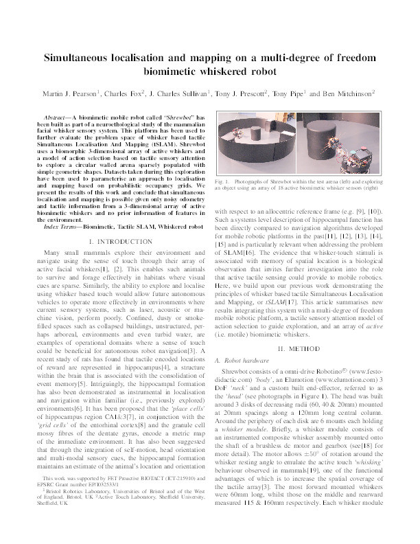 Simultaneous localisation and mapping on a multi-degree of freedom biomimetic whiskered robot Thumbnail