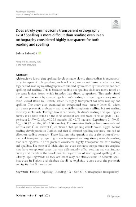 Does a truly symmetrically transparent orthography exist? Spelling is more difficult than reading even in an orthography considered highly transparent for both reading and spelling Thumbnail