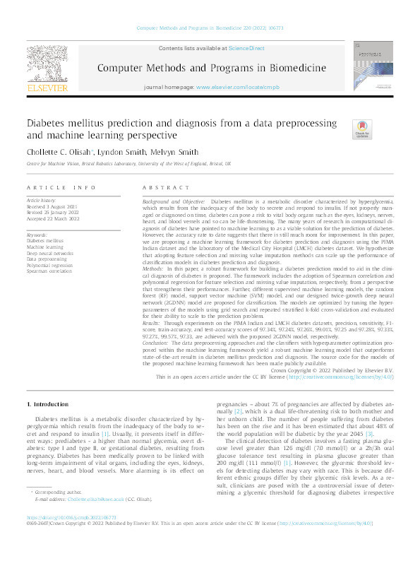 Diabetes mellitus prediction and diagnosis from a data preprocessing and machine learning perspective Thumbnail