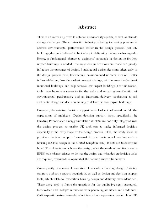 Developing a decision support framework for low carbon housing design and delivery in the UK Thumbnail