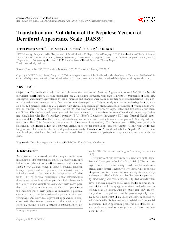 Translation and validation of the Nepalese version of Derriford appearance scale (DAS-59) Thumbnail