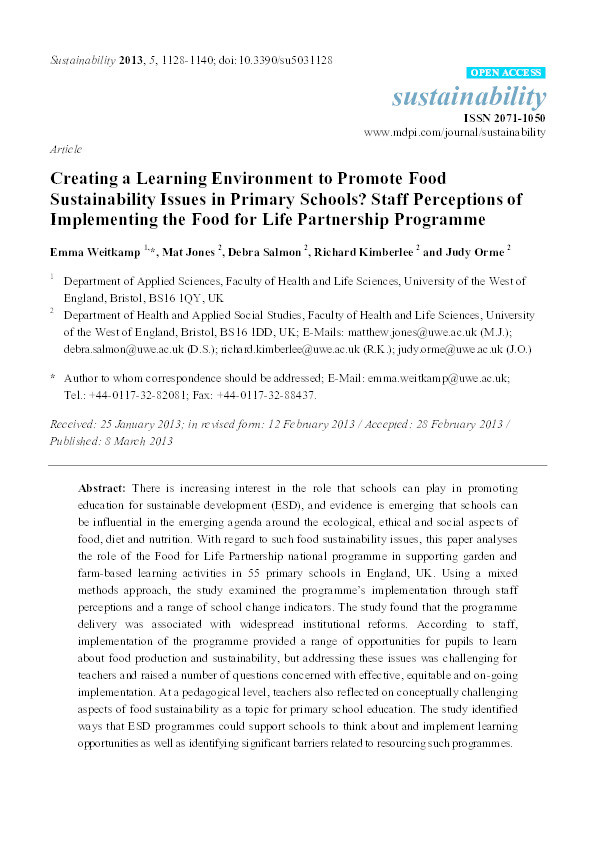 Creating a learning environment to promote food sustainability issues in primary schools? Staff perceptions of implementing the food for life partnership programme Thumbnail