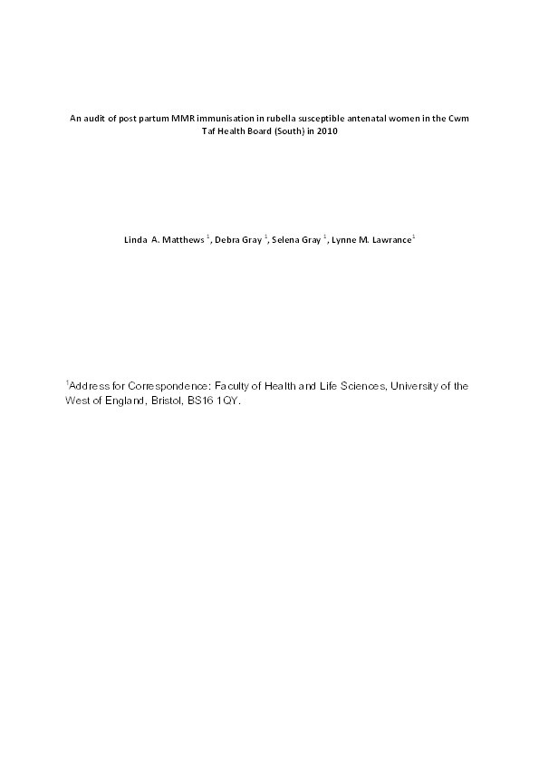 Post-partum MMR immunisation rates in rubella-susceptible antenatal women Thumbnail