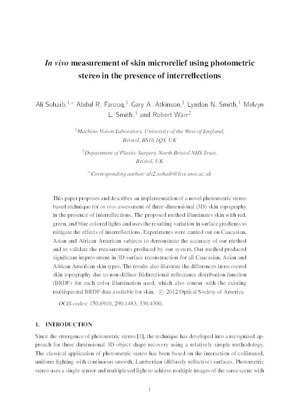 In vivo measurement of skin microrelief using photometric
stereo in the presence of interreflections Thumbnail