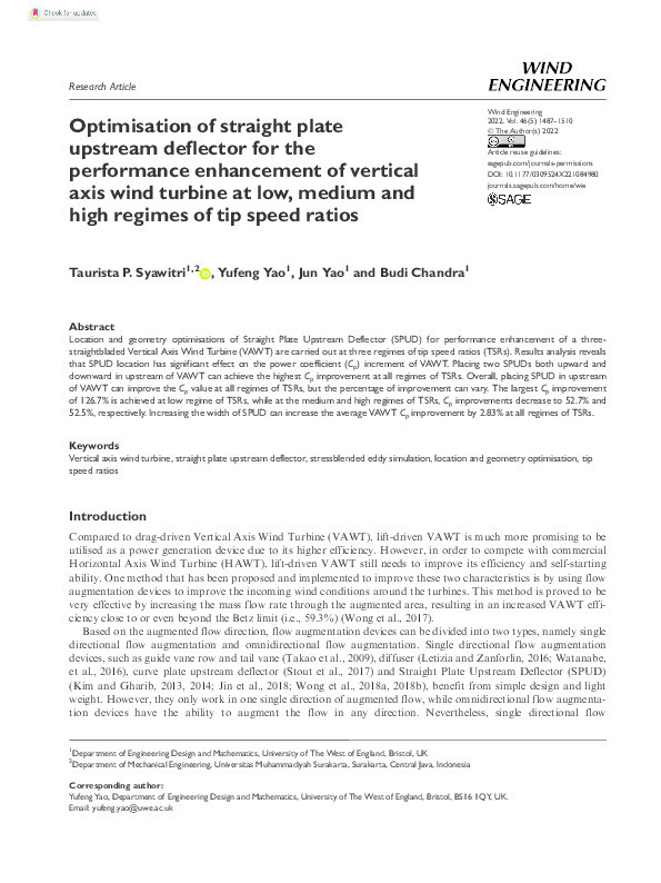 Optimisation of straight plate upstream deflector for the performance enhancement of vertical axis wind turbine at low, medium and high regimes of tip speed ratios Thumbnail