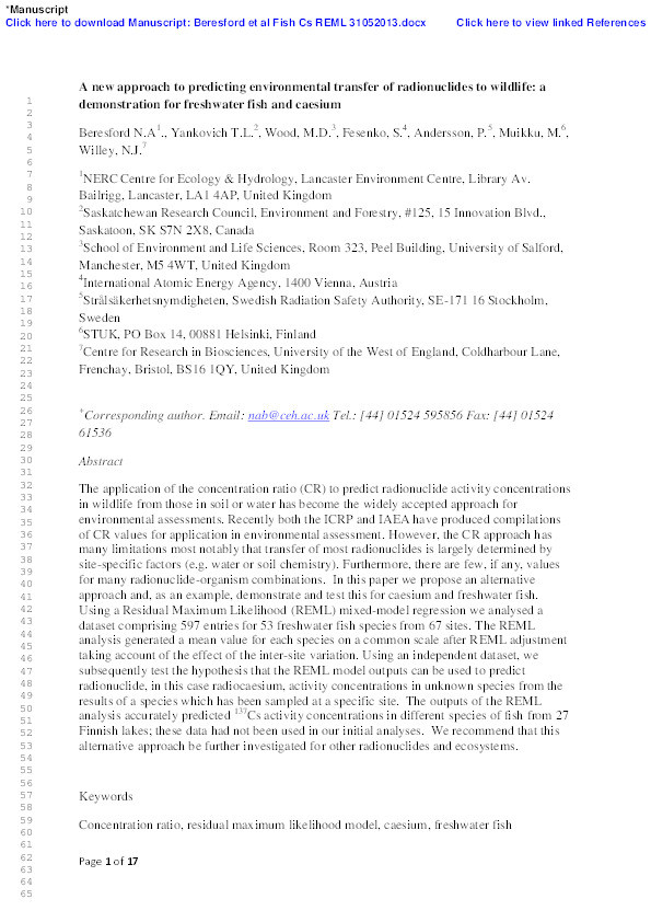 A new approach to predicting environmental transfer of radionuclides to wildlife: A demonstration for freshwater fish and caesium Thumbnail