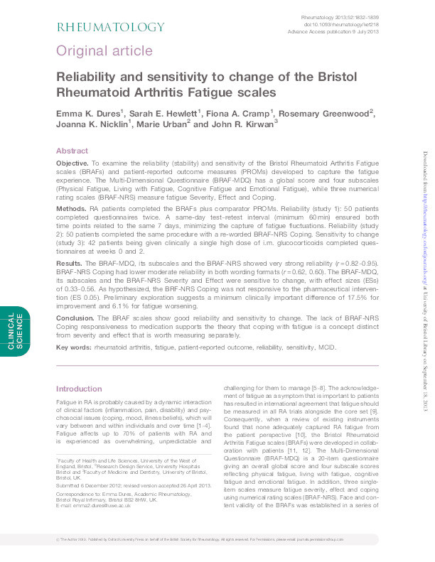 Reliability and sensitivity to change of the bristol rheumatoid arthritis fatigue scales Thumbnail