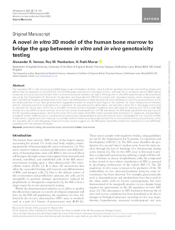 A novel in vitro 3D model of the human bone marrow to bridge the gap between in vitro and in vivo genotoxicity testing Thumbnail