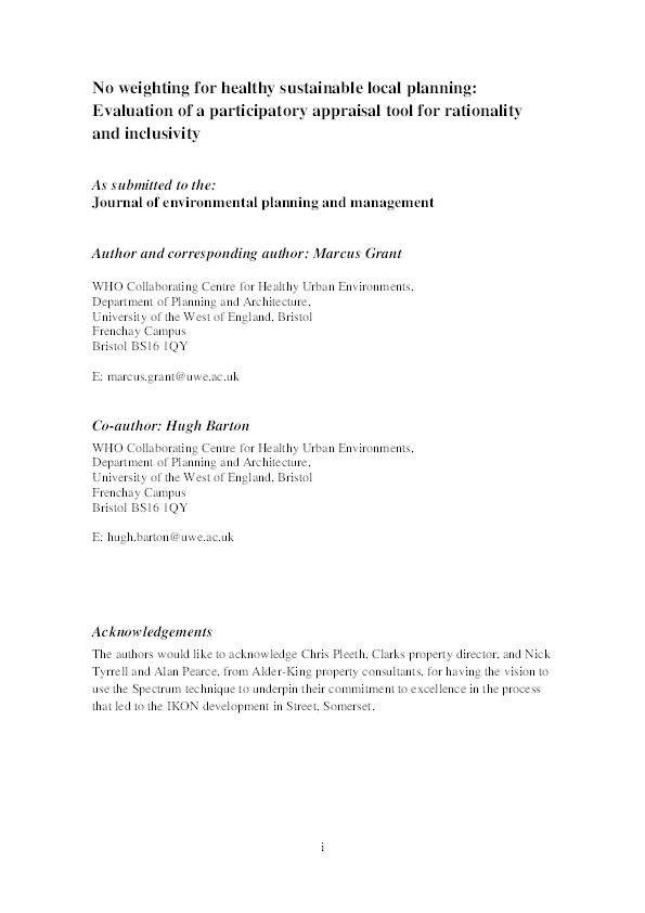 No weighting for healthy sustainable local planning: Evaluation of a participatory appraisal tool for rationality and inclusivity Thumbnail