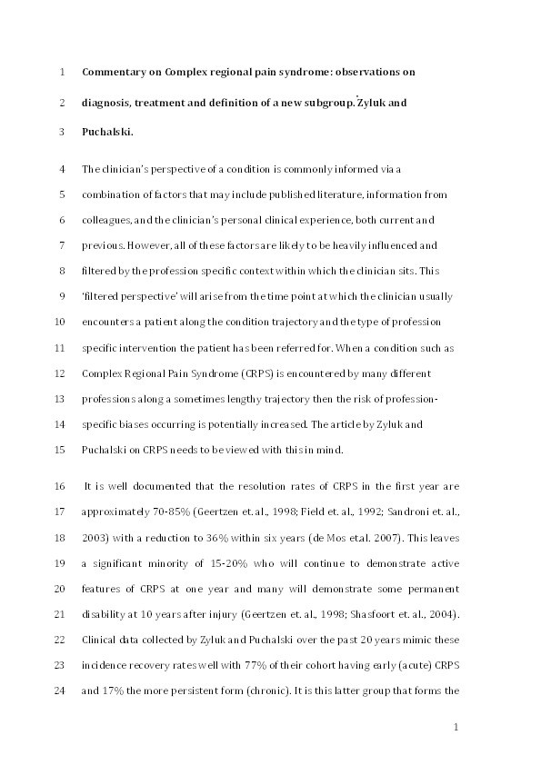 Commentary on complex regional pain syndrome: Observations on diagnosis, treatment and definition of a new subgroup by Zyluk and Puchalski Thumbnail