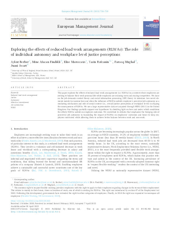 Exploring the effects of reduced load work arrangements (RLWAs): The role of individual autonomy and workplace level justice perceptions Thumbnail