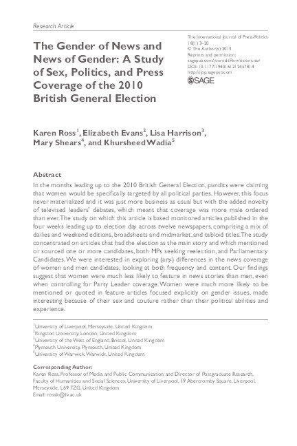 The Gender of News and News of Gender: A Study of Sex, Politics, and Press Coverage of the 2010 British General Election Thumbnail