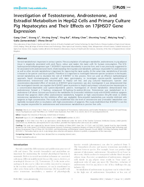 Investigation of Testosterone, Androstenone, and Estradiol Metabolism in HepG2 Cells and Primary Culture Pig Hepatocytes and Their Effects on 17βHSD7 Gene Expression Thumbnail