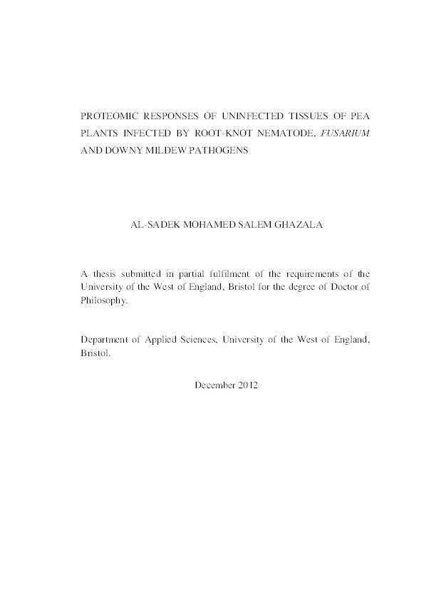 Proteomic responses of uninfected tissues of pea plants infected by root-knot nematode, fusarium and downy mildew pathogens Thumbnail