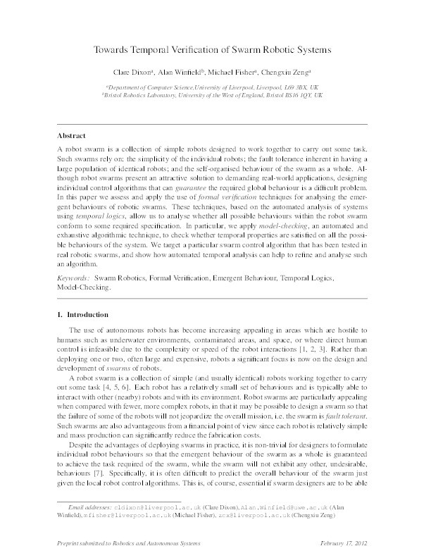 Towards temporal verification of swarm robotic systems Thumbnail