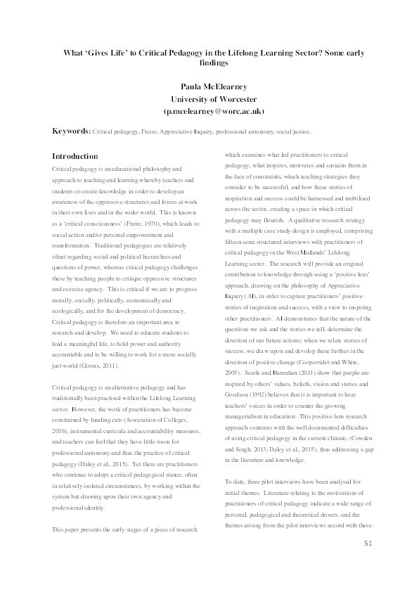 What ‘gives life’ to critical pedagogy in the lifelong learning sector? Thumbnail