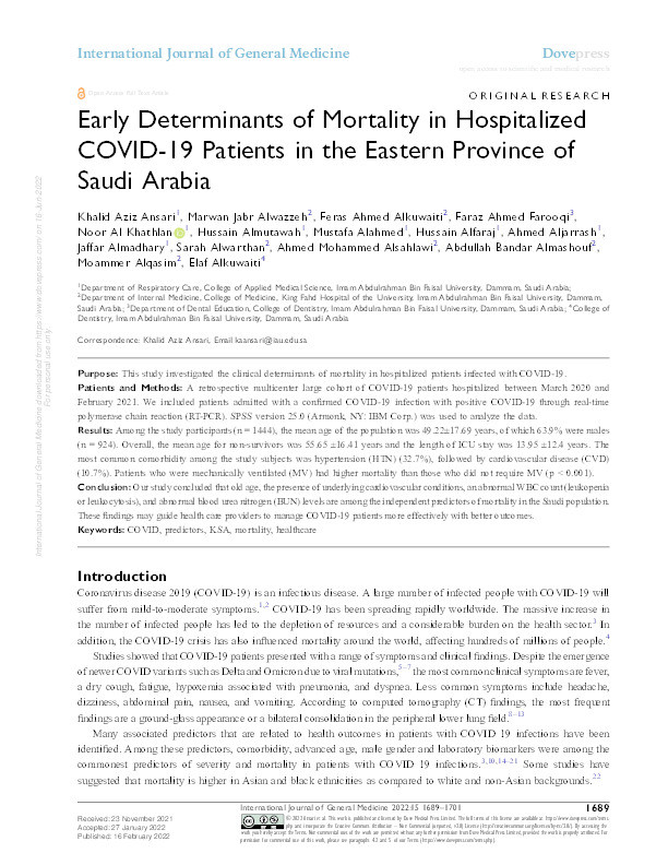 Early determinants of mortality in hospitalized COVID-19 patients in the Eastern Province of Saudi Arabia Thumbnail