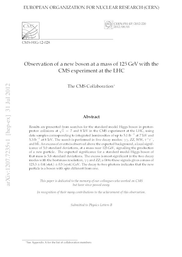 Observation of a new boson at a mass of 125 GeV with the CMS experiment at the LHC Thumbnail