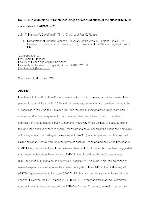 Do SNPs in glutathione S-transferase-omega allow predictions of the susceptibility of vertebrates to SARS-CoV-2? Thumbnail